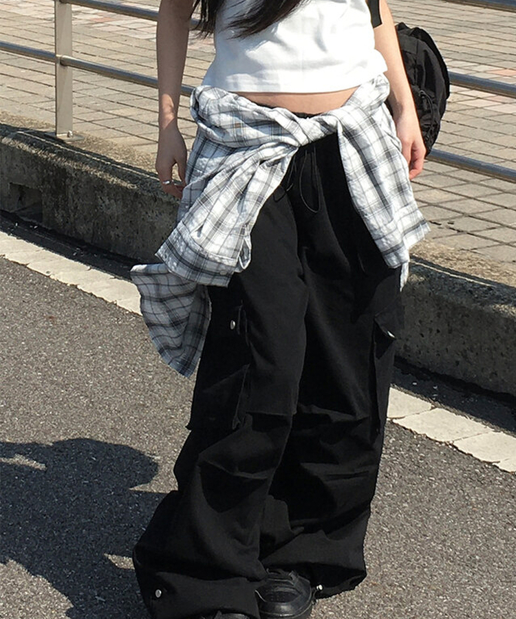 ピンタックカーゴワイドロングパンツ BLACK