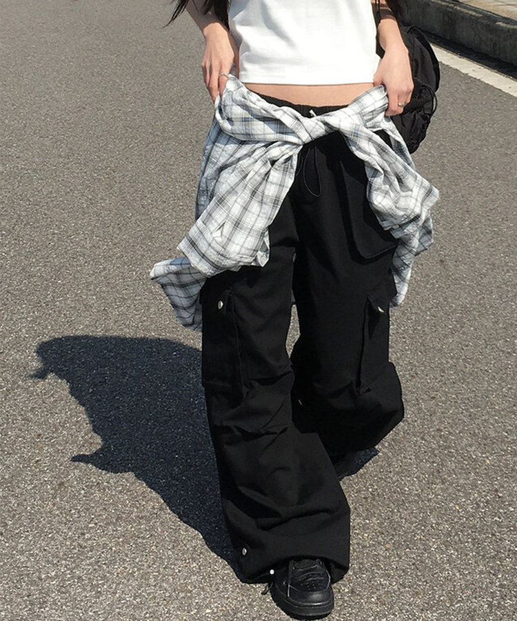 ピンタックカーゴワイドロングパンツ BLACK