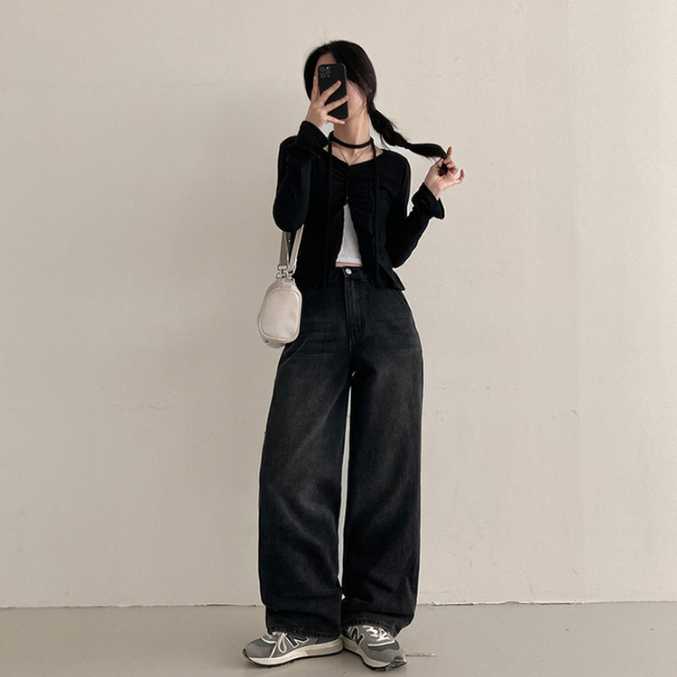 【丈別】スリットワイドデニムパンツ BLACK DENIM