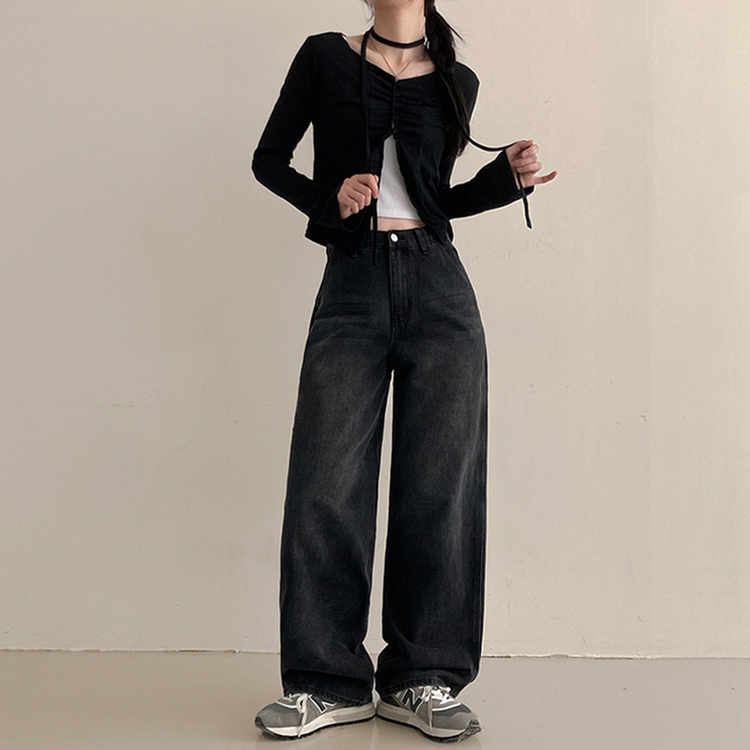【丈別】スリットワイドデニムパンツ BLACK DENIM