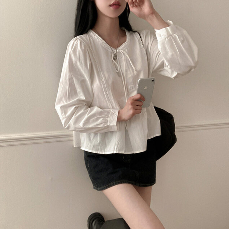 리디 리본 레이스 캉캉 블라우스 화이트