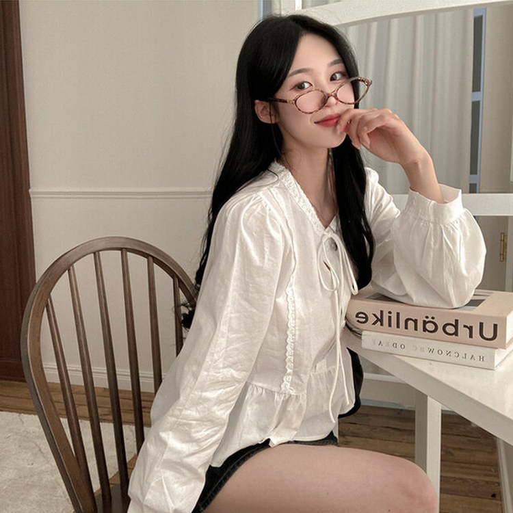 리디 리본 레이스 캉캉 블라우스 화이트
