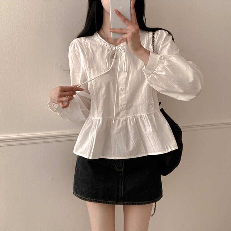 리디 리본 레이스 캉캉 블라우스 연베이지