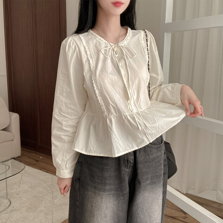 리디 리본 레이스 캉캉 블라우스 연베이지