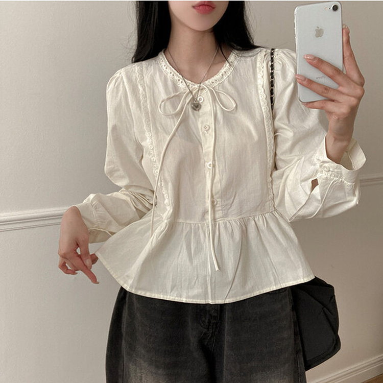 리디 리본 레이스 캉캉 블라우스 연베이지