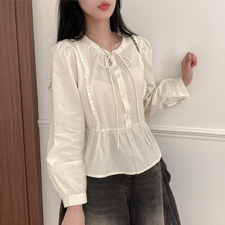 리디 리본 레이스 캉캉 블라우스 연베이지