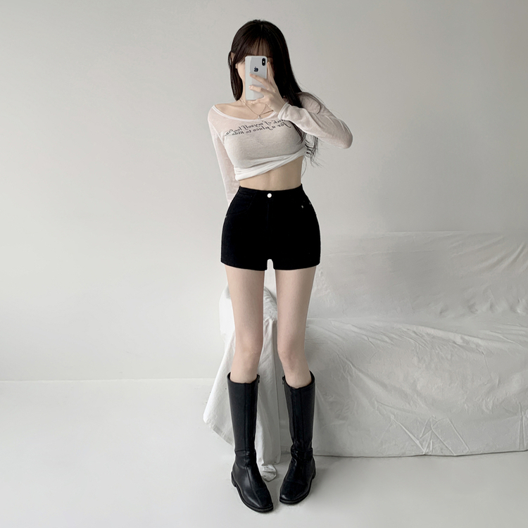 スパンコットンハイウエストショートパンツ BLACK