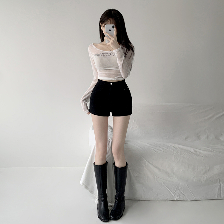 スパンコットンハイウエストショートパンツ BLACK