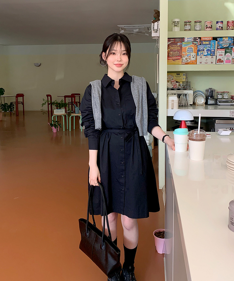 ミコットンシャツミニワンピース BLACK