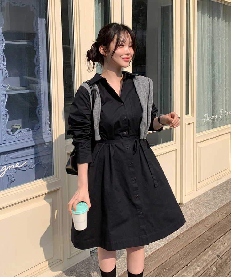 ミコットンシャツミニワンピース BLACK