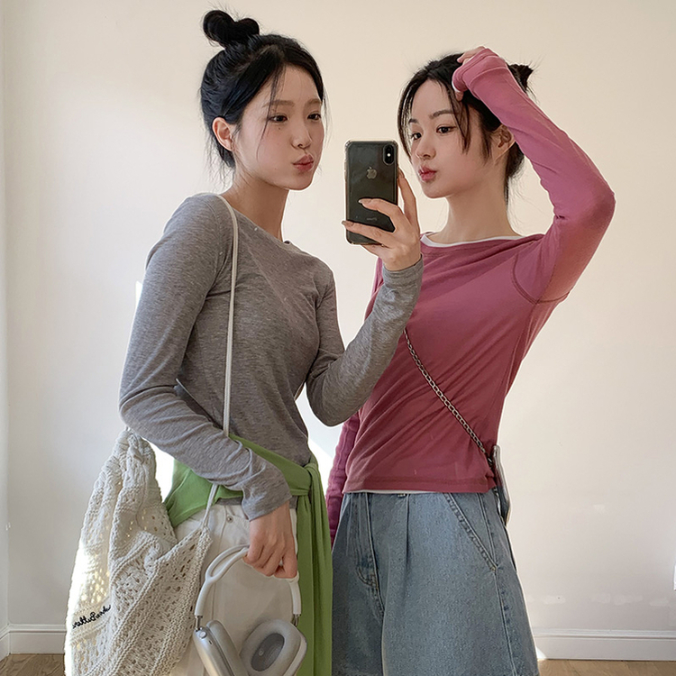 (テンセル100/7カラーのポイントアイテム/MD一押し*.*) ノアリン セミスリムフィット テンセルレイヤード長袖Tシャツ   PINK