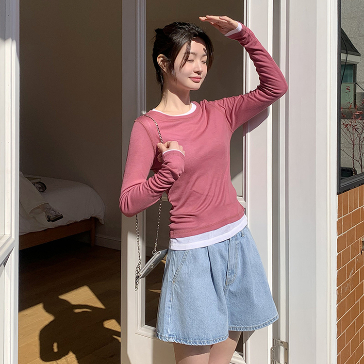 (テンセル100/7カラーのポイントアイテム/MD一押し*.*) ノアリン セミスリムフィット テンセルレイヤード長袖Tシャツ   PINK