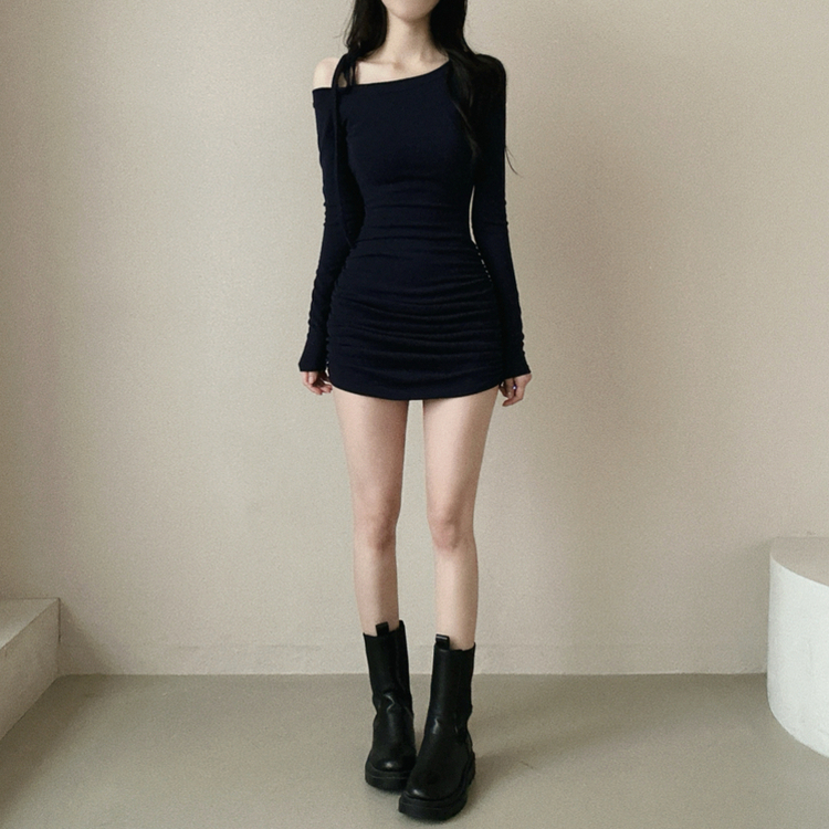 ワンオフショルダーミニワンピース NAVY