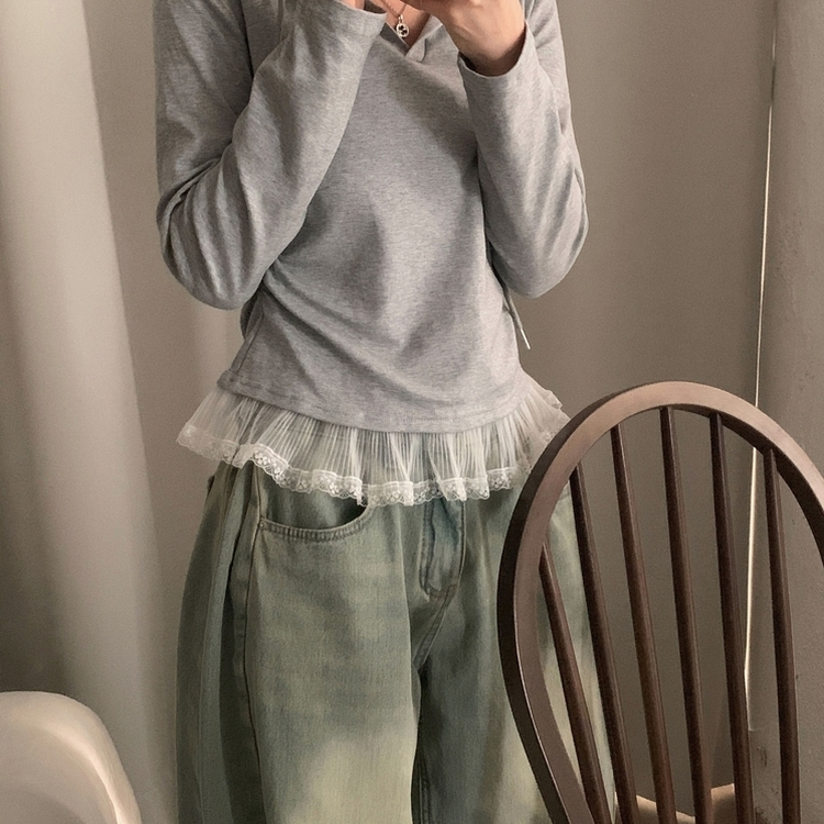 レースフードシャーリング長袖Tシャツ GREY
