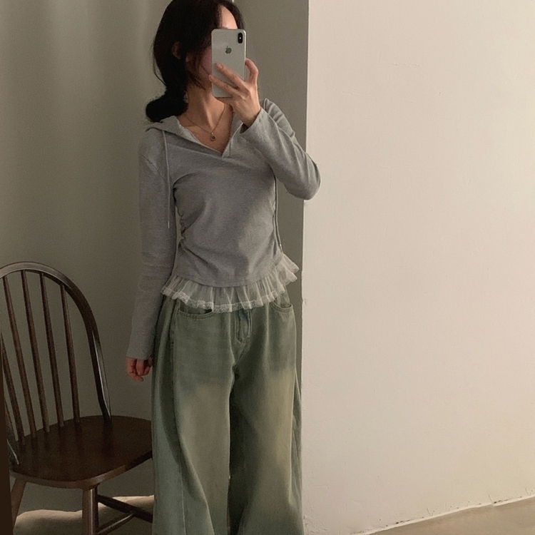 レースフードシャーリング長袖Tシャツ GREY
