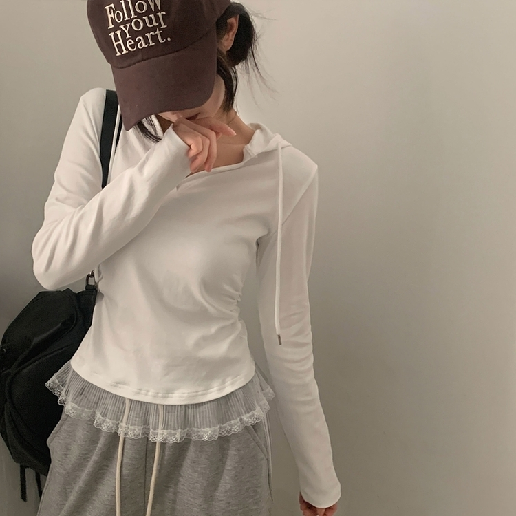 レースフードシャーリング長袖Tシャツ IVORY