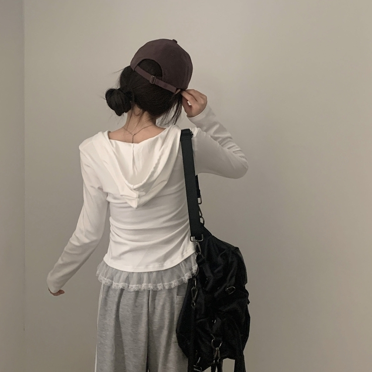 レースフードシャーリング長袖Tシャツ IVORY