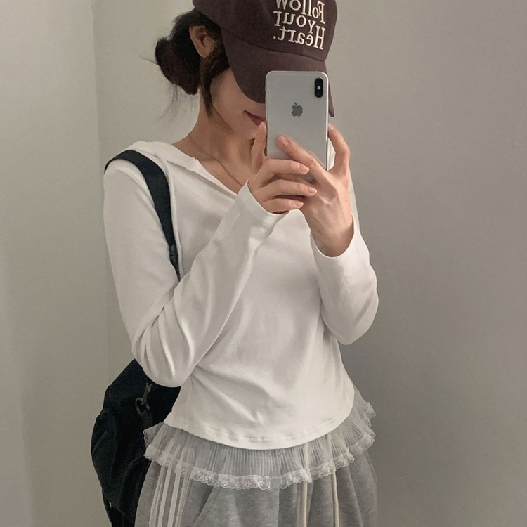 レースフードシャーリング長袖Tシャツ IVORY