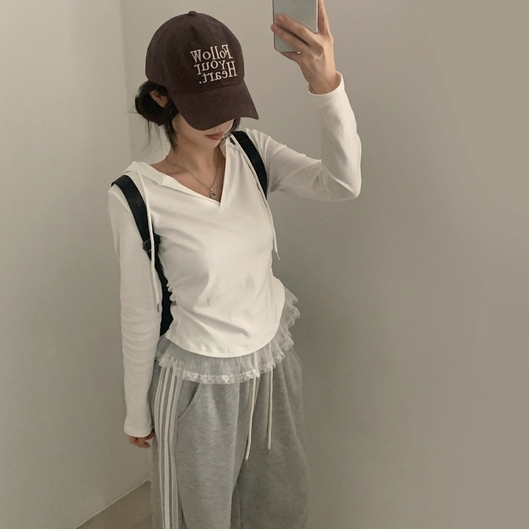 レースフードシャーリング長袖Tシャツ IVORY