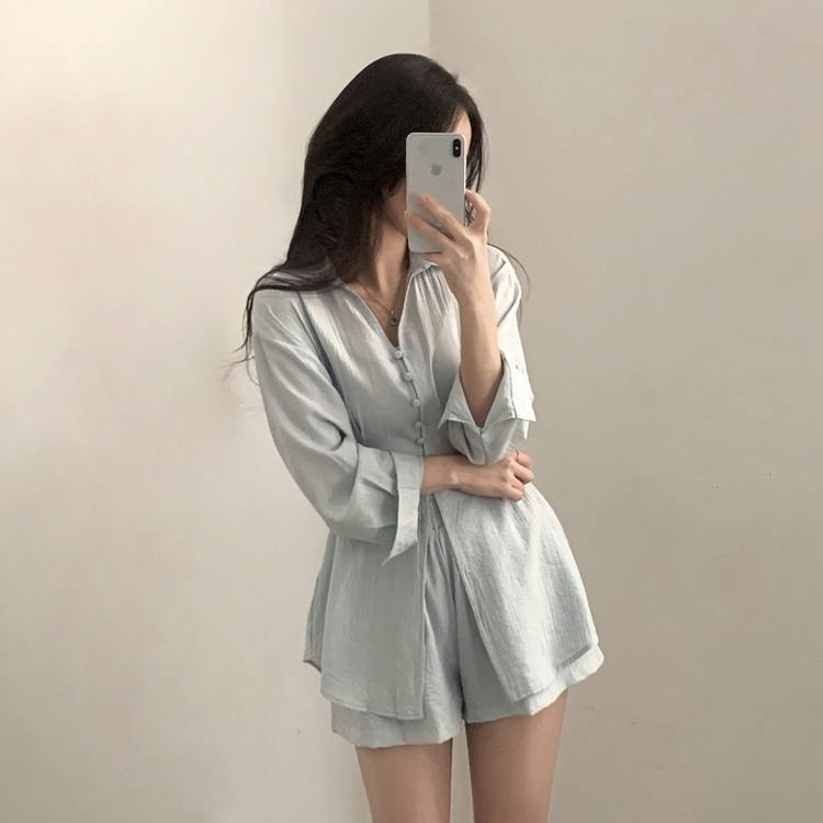 【SET】シフォンリボンロングブラウスセット SKY BLUE