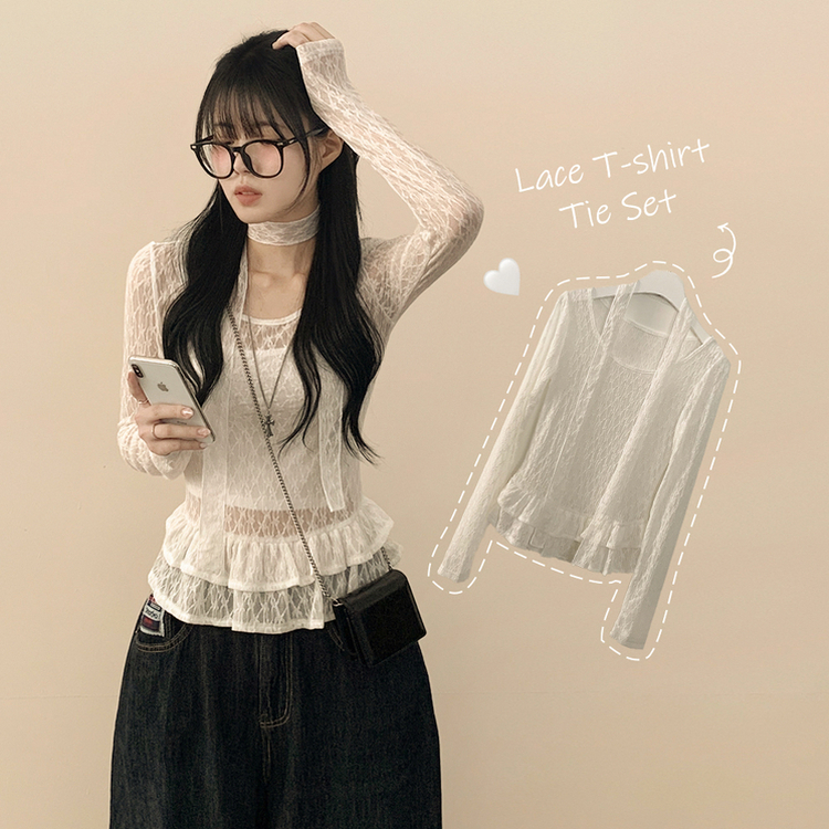 【タイ付き】シースルーフリルレイヤードブラウス WHITE