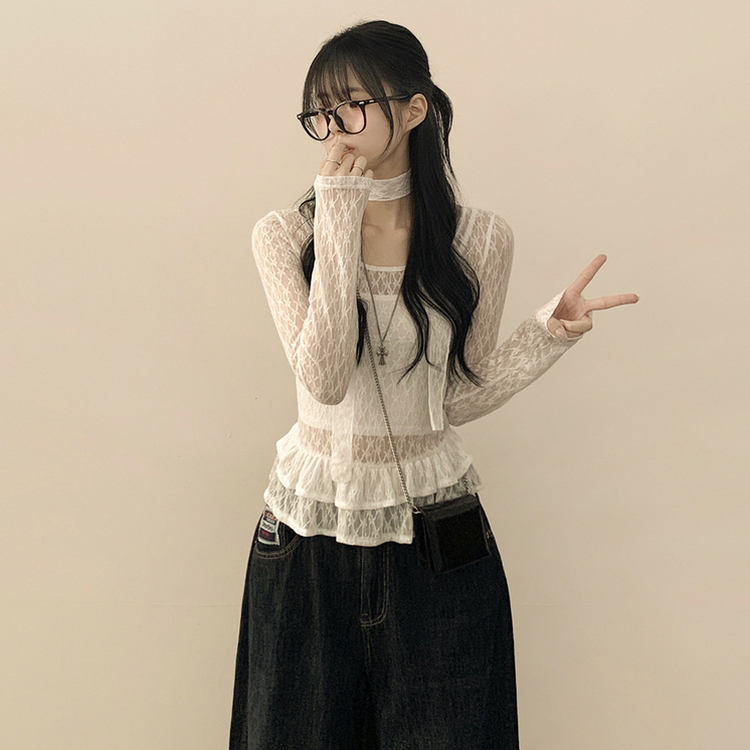 【タイ付き】シースルーフリルレイヤードブラウス WHITE