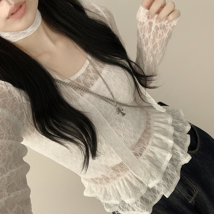 【タイ付き】シースルーフリルレイヤードブラウス WHITE