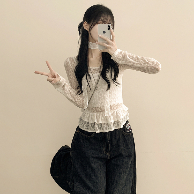 【タイ付き】シースルーフリルレイヤードブラウス WHITE