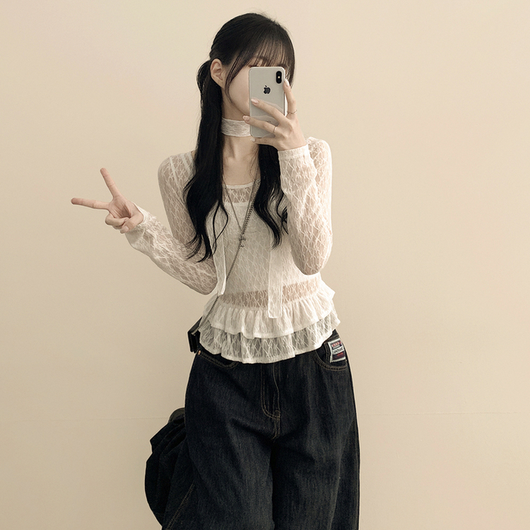 【タイ付き】シースルーフリルレイヤードブラウス WHITE
