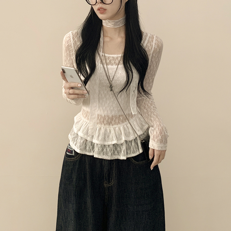 【タイ付き】シースルーフリルレイヤードブラウス WHITE