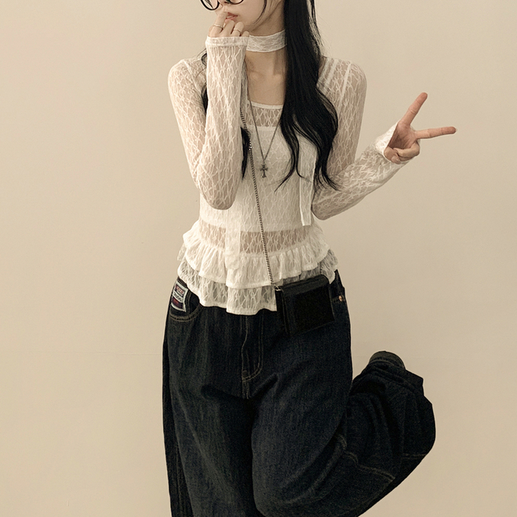 【タイ付き】シースルーフリルレイヤードブラウス WHITE