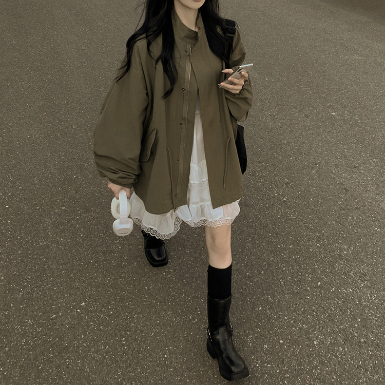 보호본능 귀여운 빈티지 스트링 야상 벌룬자켓 아방핏 봄점퍼 빅사이즈 모리걸룩 카키