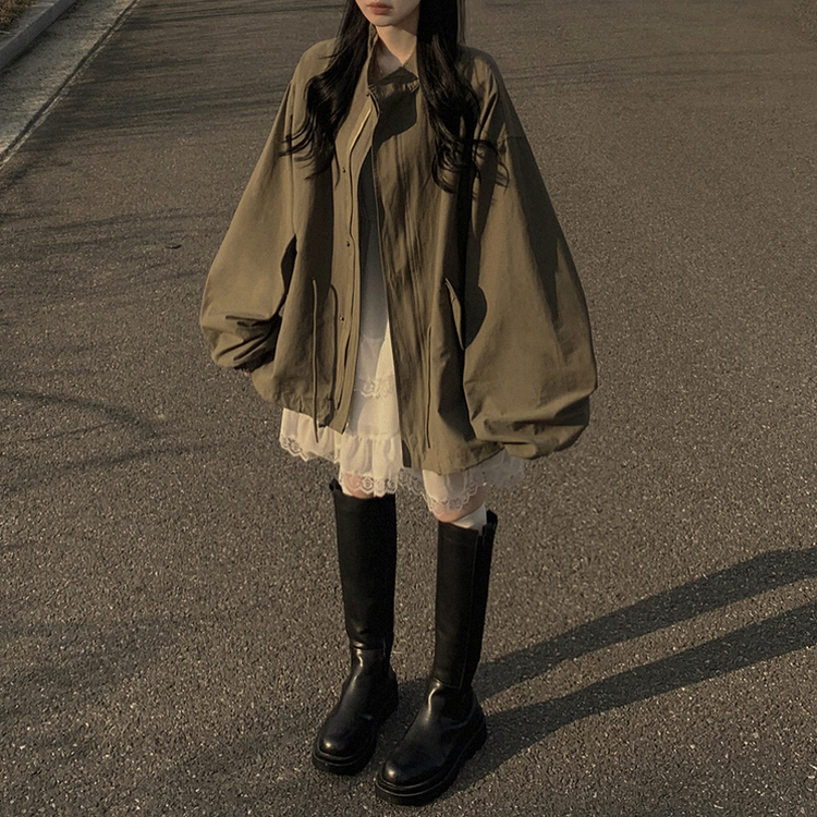 보호본능 귀여운 빈티지 스트링 야상 벌룬자켓 아방핏 봄점퍼 빅사이즈 모리걸룩 카키