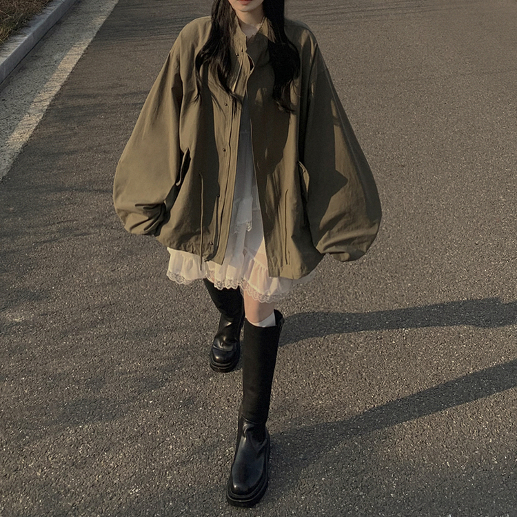 보호본능 귀여운 빈티지 스트링 야상 벌룬자켓 아방핏 봄점퍼 빅사이즈 모리걸룩 카키