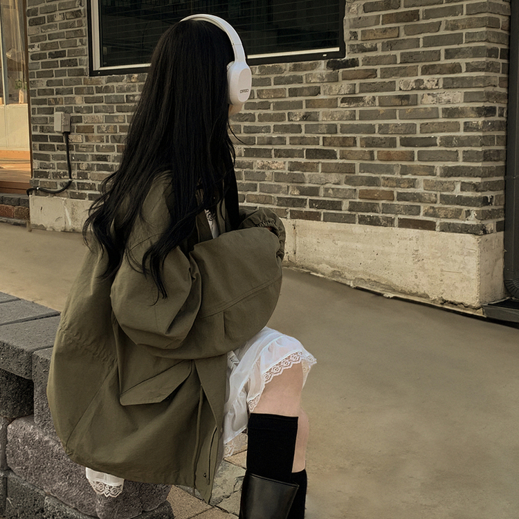 보호본능 귀여운 빈티지 스트링 야상 벌룬자켓 아방핏 봄점퍼 빅사이즈 모리걸룩 카키