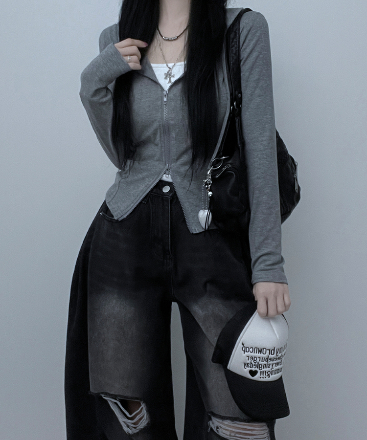 スリットラインコットンフードジップアップ GREY
