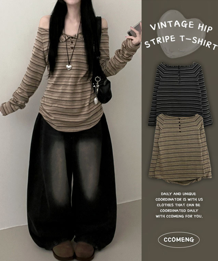 オフショルダーストライプ長袖Tシャツ BEIGE