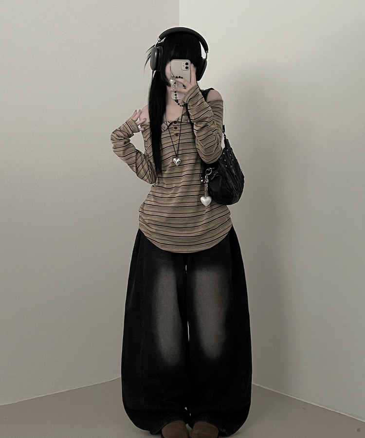 オフショルダーストライプ長袖Tシャツ BEIGE