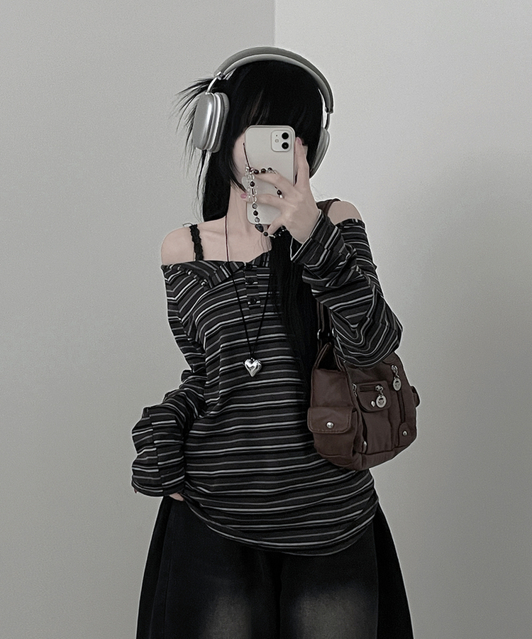 オフショルダーストライプ長袖Tシャツ CHARCOAL