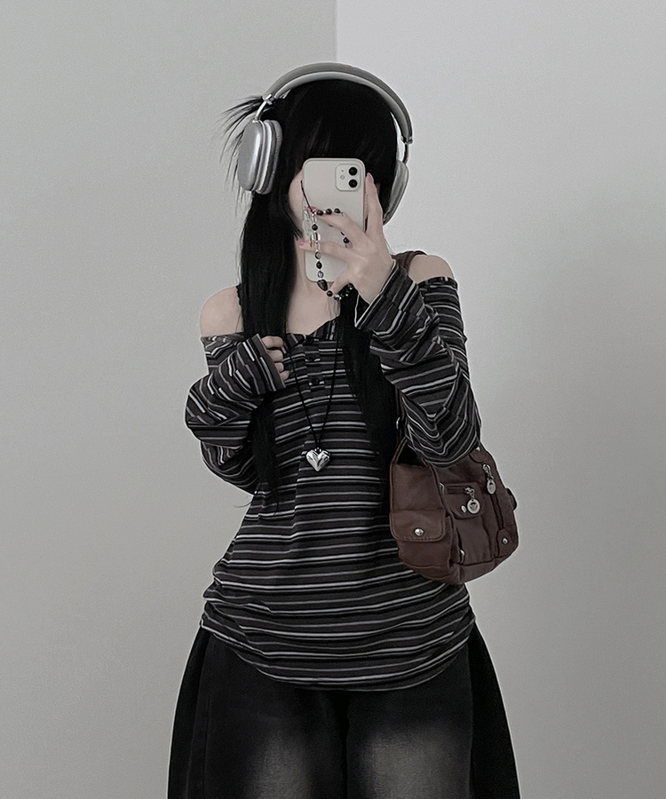 オフショルダーストライプ長袖Tシャツ CHARCOAL