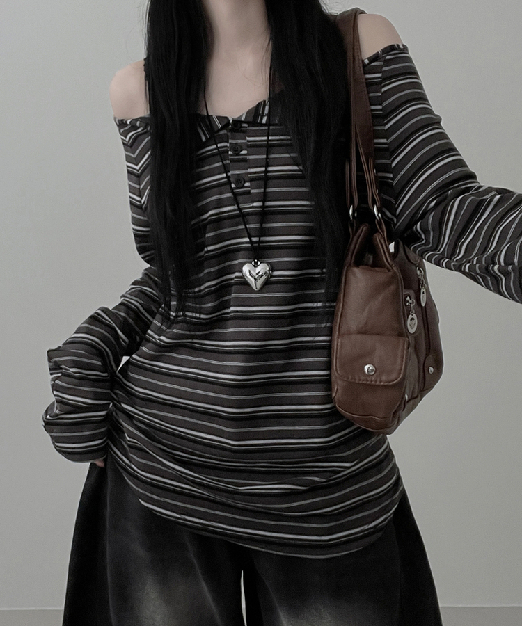 オフショルダーストライプ長袖Tシャツ CHARCOAL