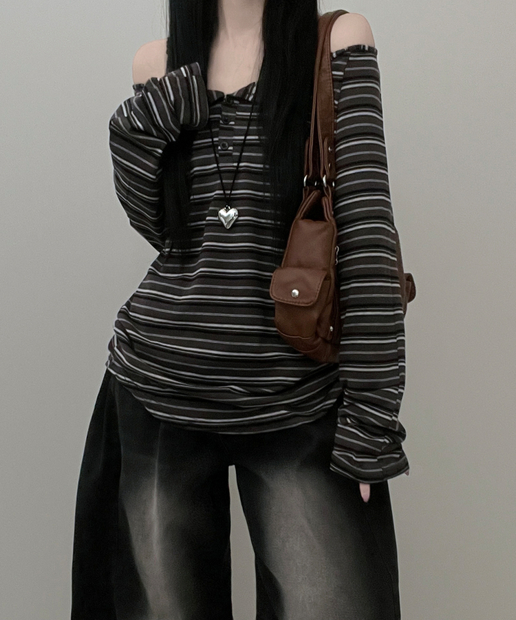 オフショルダーストライプ長袖Tシャツ CHARCOAL