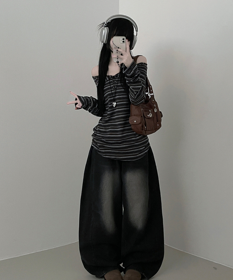 オフショルダーストライプ長袖Tシャツ CHARCOAL