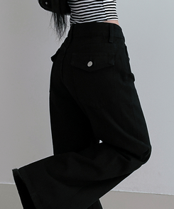 コットンポケットストレートワイドパンツ BLACK