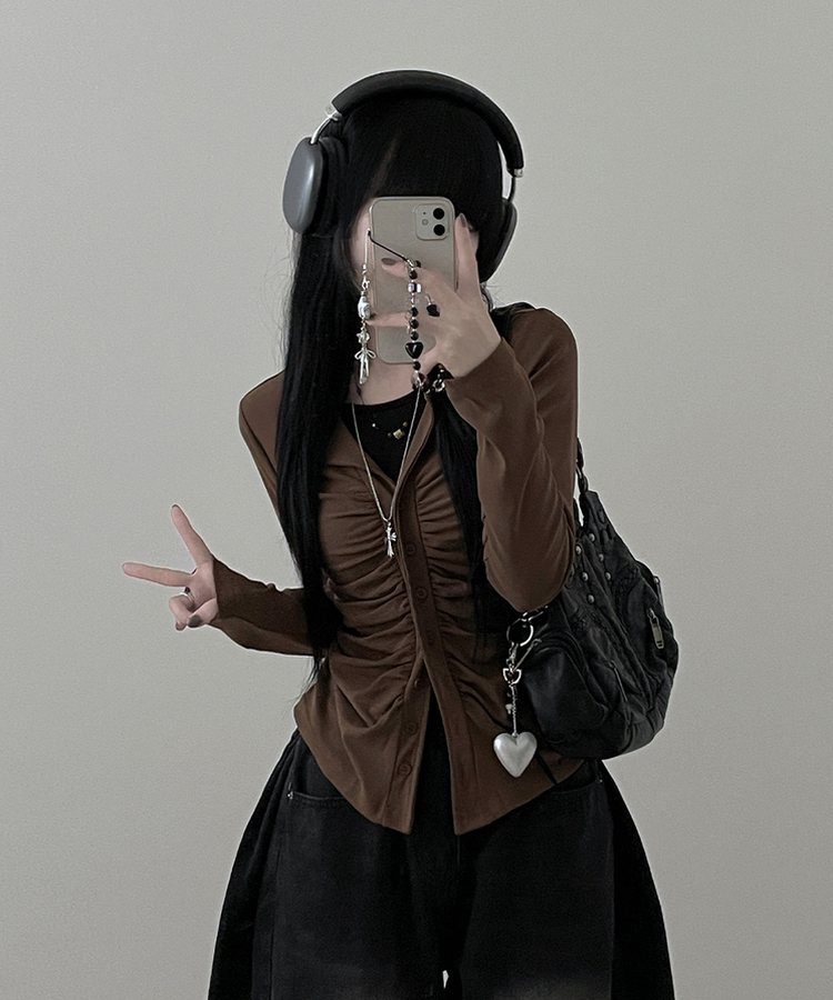 シャーリングレイヤードカーディガン BROWN