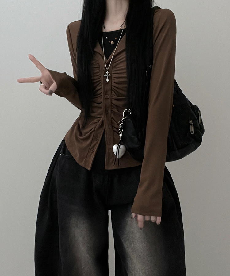 シャーリングレイヤードカーディガン BROWN