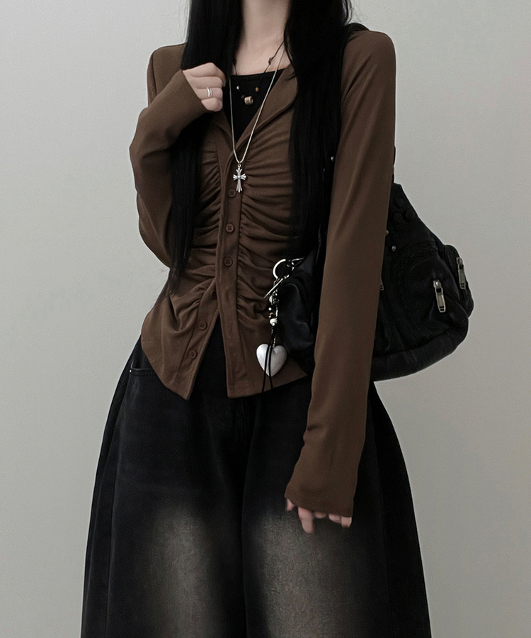 シャーリングレイヤードカーディガン BROWN