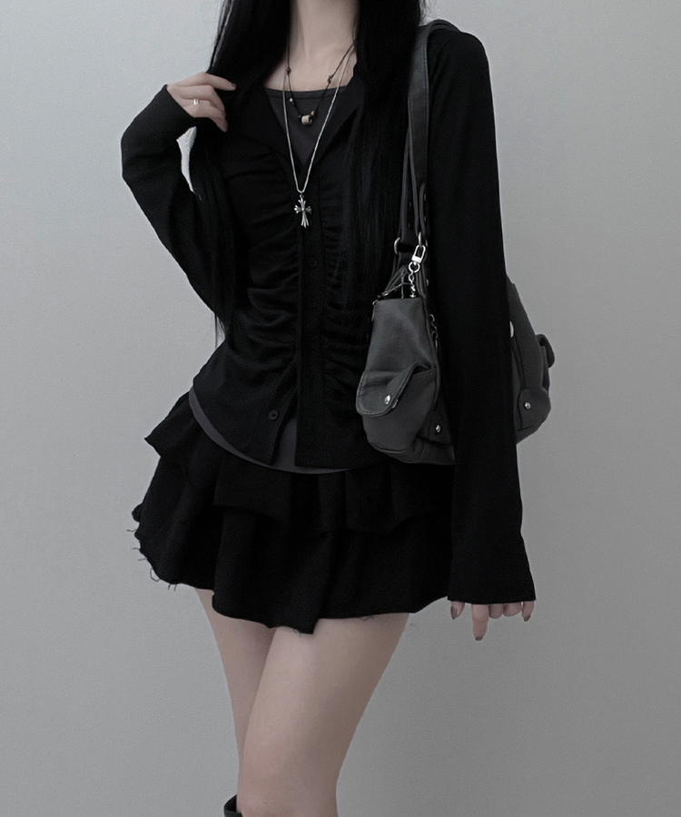 シャーリングレイヤードカーディガン BLACK