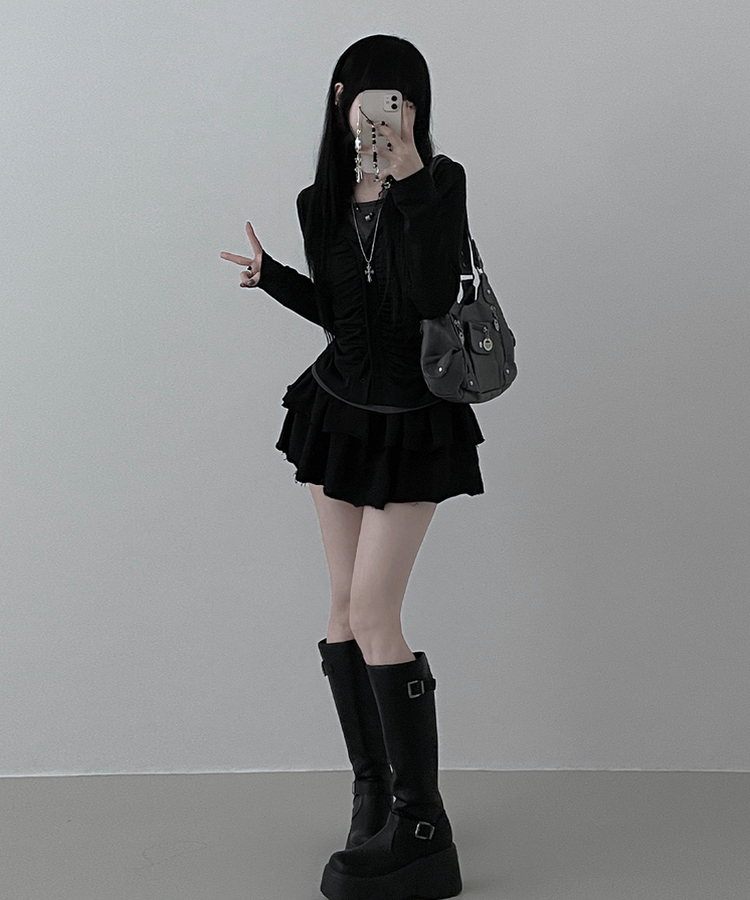 シャーリングレイヤードカーディガン BLACK