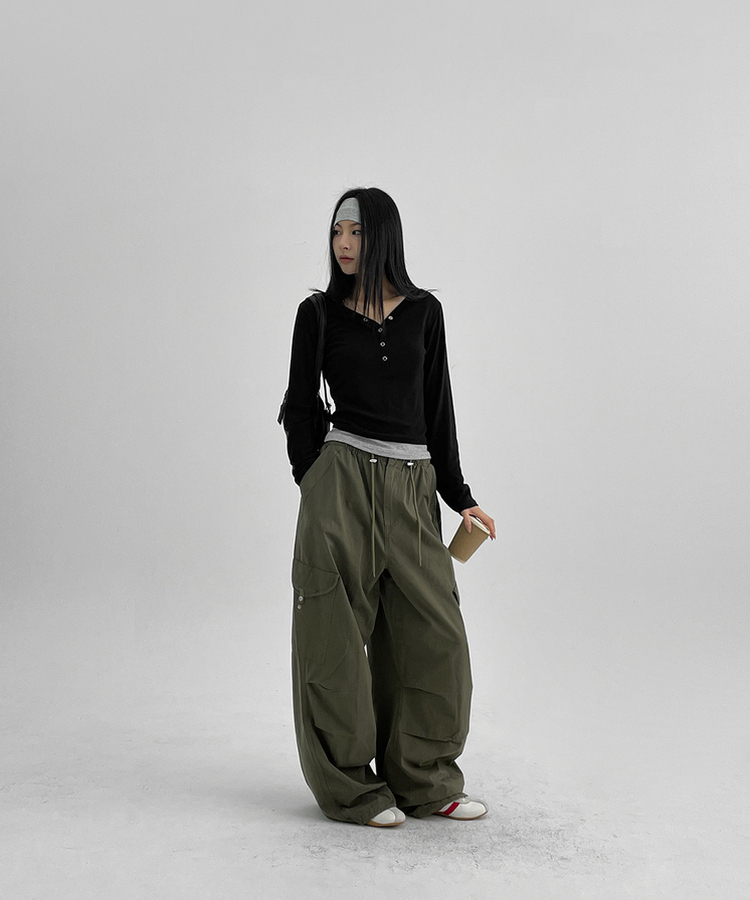 バイカラーボタン長袖Tシャツ BLACK